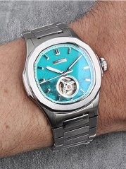 Stříbrné pánské hodinky Waldhoff s ocelovým páskem Navigator Turquoise 40MM Automatic