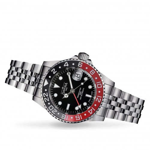 Strieborné pánske hodinky Davosa s oceľovým pásikom Ternos Ceramic GMT - Black/Red Automatic 40MM