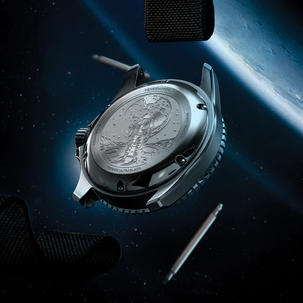 Stříbrné pánské hodinky Venezianico s nylonovým páskem Nereide Ultrablack 3921510 42MM Automatic
