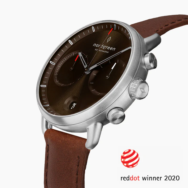 Men's silver Nordgreen watch with leather strap Pioneer Brown Sunray Dial - Brown Leather / Silver 42MM