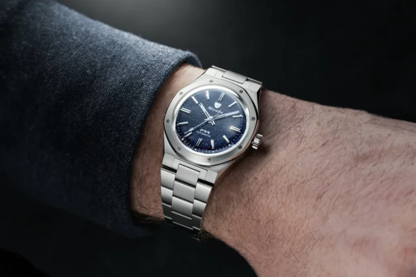 Men's silver Nivada Grenchen watch with steel strap F77 DARK BLUE 68010A77 37MM Automatic