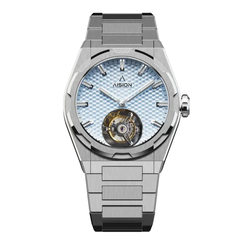 Men's silver Aisiondesign Watches with steel Tourbillon Hexagonal Pyramid Seamless Dial - Ice Blue 41MM