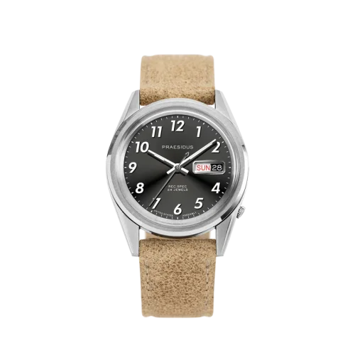 Reloj Praesidus Plata para hombre con correa de cuero Rec Spec - White Sunray Sand Leather 38MM Automatic