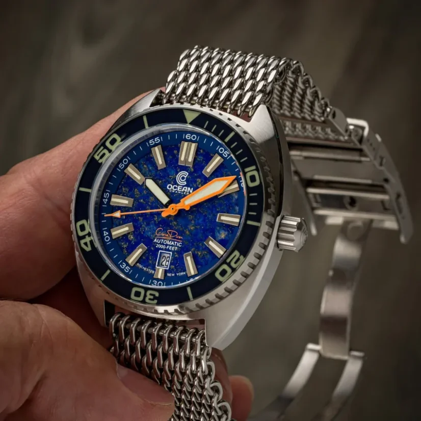 Montre Oceancrawler Watches pour homme en argent avec bracelet en acier Core Diver - Lapis Lazuli Edition 44MM