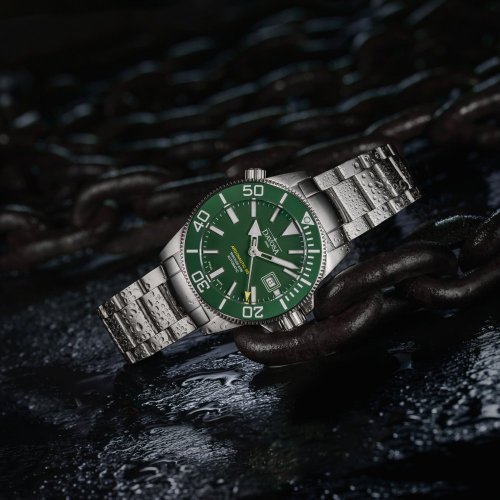 Men's silver Davosa watch with steel strap  Argonautic BG - Silver/Green 43MM Automatic