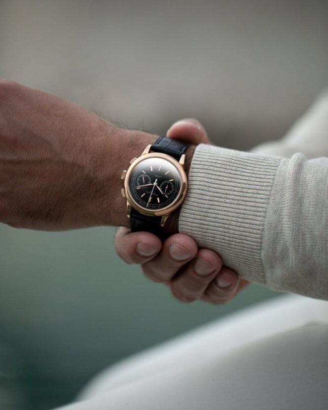 Men's gold Corniche watch with leather strap Chronograph Steel with Rose Gold Black dial 39MM