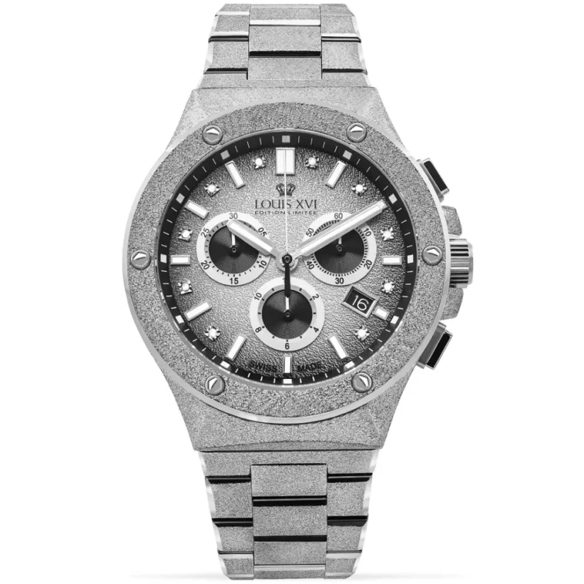 Montre Louis XVI pour homme en argent avec bracelet en acier Frosted Le Monarque 1212 - Silver 42MM