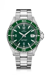 Męski srebrny zegarek Delma Watches ze stalowym paskiem Santiago Silver / Green 43MM Automatic