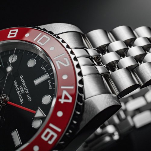 Strieborné pánske hodinky Davosa s oceľovým pásikom Ternos Ceramic GMT - Blue/Red Automatic 40MM