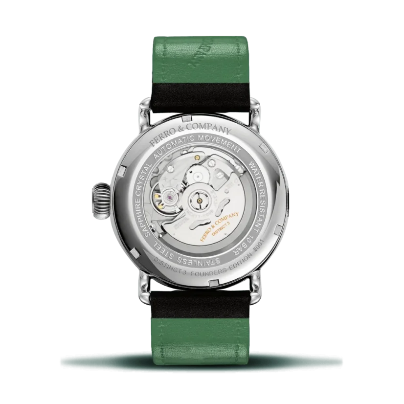 Montre Ferro & Company pour hommes en argent avec bracelet en cuir Distinct 3 British Racing Green 42MM Automatic