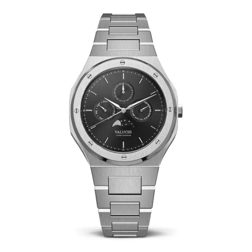 Stříbrné pánské hodinky Valuchi Watches s ocelovým páskem Lunar Calendar - Silver Black Automatic 40MM