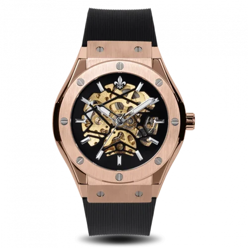 Zlaté pánské hodinky Ralph Christian s gumovým páskem Prague Skeleton Deluxe - Rose Gold Automatic 44M