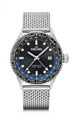 Męski srebrny zegarek Delma Watches ze stalowym paskiem Cayman Worldtimer Silver / Black 42MM Automatic