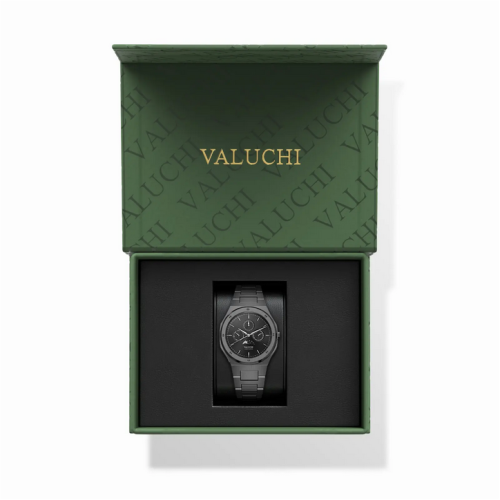 Czarny zegarek męski Valuchi Watches ze stalowym paskiem Lunar Calendar - Gunmetal Black Automatic 40MM