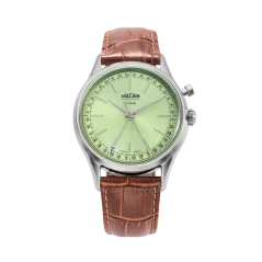Srebrni muški sat Vulcain s kožnim remenom Cricket President Pistachio Green Steel Case Back - BROWN CALF SKIN LEATHER ALLIGATOR-PRINTED 38MM Automatic
