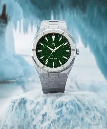 Relógio Paul Rich de prata para homem com pulseira de aço Frosted Star Dust - Silver Green 45MM
