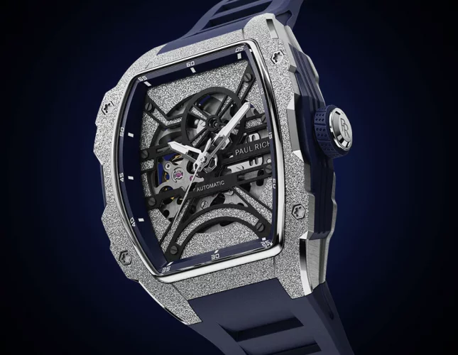 Strieborné pánske hodinky Paul Rich Watch s gumovým pásikom Frosted Astro Skeleton Lunar - Silver / Blue 42,5MM Automatic