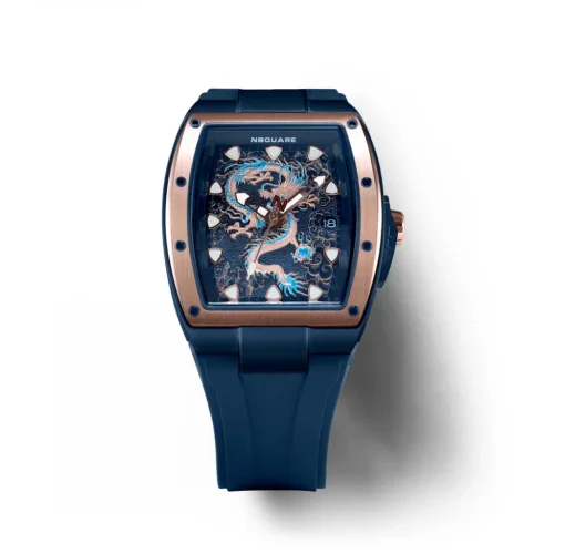 Złoty zegarek męski Nsquare ze gumowym paskiem Dragon Overloed Gold / Blue 44MM Automatic