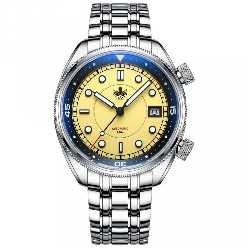 Miesten hopeinen Phoibos Watches -kello teräshihnalla Eage Ray 200M - Pastel Yellow Automatic 41MM