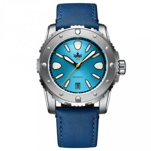 Muški srebrni sat Phoibos Watches sa kožnim remenom Great Wall 300M - Blue Automatic 42MM Limited Edition