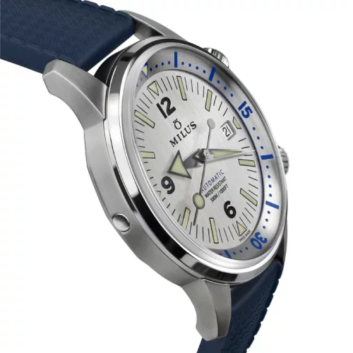 Zilveren herenhorloge van Milus Watches met een rubberen band Archimèdes by Milus Silver Storm 41MM Automatic