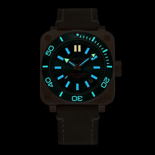 Montre Aquatico Watches pour homme de couleur or avec bracelet en cuir Charger Bronze Green Dial Automatic 43MM