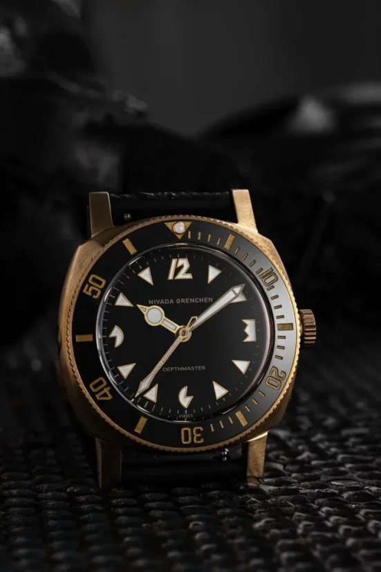 Men's gold Nivada Grenchen watch with leather strap Depthmaster Bronze 14123A16 Black Leather 39MM Automatic