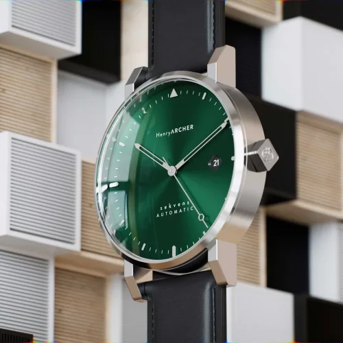 Męski srebrny zegarek Henryarcher Watches ze skórzanym paskiem Sekvens - Nature Nero 40MM Automatic