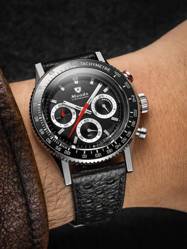 Stříbrné pánské hodinky Nivada Grenchen Chronoking Mecaquartz Racing Black 87048Q01 38MM