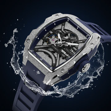 Strieborné pánske hodinky Paul Rich Watch s gumovým pásikom Frosted Astro Skeleton Lunar - Silver / Blue 42,5MM Automatic