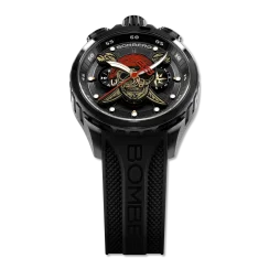 Čierne pánske hodinky Bomberg Watches s gumovým pásikom PIRATE SKULL RED 45MM