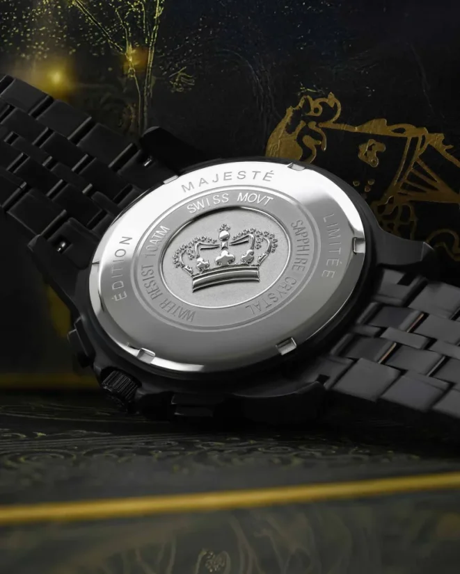 Černé pánské hodinky Louis XVI s ocelovým páskem Majesté Iced Out Rainbow 1130 - Black 43MM