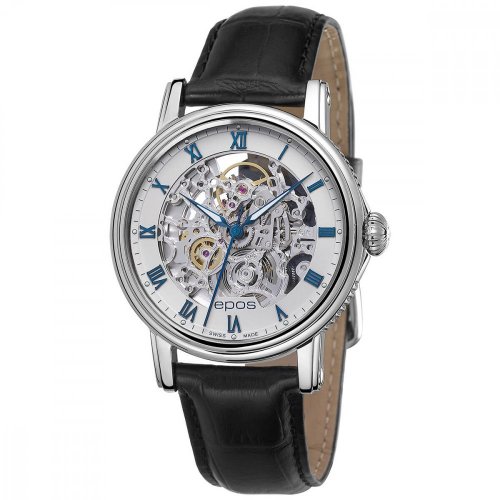 Strieborné pánske hodinky Epos s koženým opaskom Emotion 3390.155.20.20.25 41MM Automatic