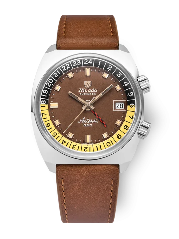 Men's silver Nivada Grenchen watch with leather strap Antarctic GMT - Tropical 32061A16 36MM Automatic