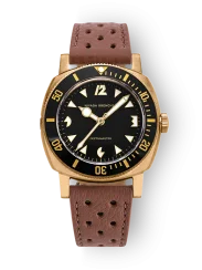 Zlaté pánské hodinky Nivada Grenchen s koženým páskem Pacman Depthmaster Bronze 14123A23 Brown Racing Leather 39MM Automatic