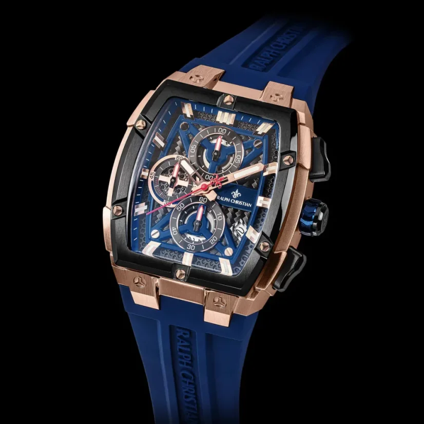 Goldene Herrenuhr Ralph Christian mit Gummiband The Polaris Chrono - Rose Gold / Royal Blue 42,5MM