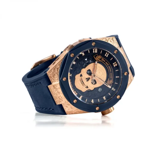 Zlaté pánské hodinky Nsquare s koženým páskem The Magician Gold / Blue 46MM Automatic