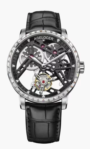 Stříbrné pánské hodinky Agelocer s koženým páskem Tourbillon Series Silver 40MM