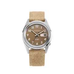 Men's silver Praesiduswatch with leather strap Rec Spec - Khaki Sand Leather 38MM Automatic