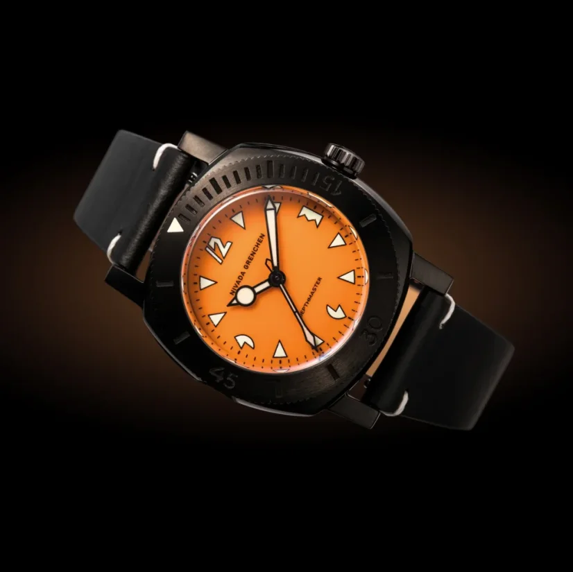 Men's black Nivada Grenchen watch with leather strap Depthmaster Black Pumpkin 14131A15 39MM Automatic