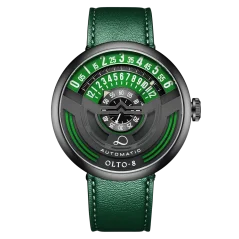 Zwart herenhorloge van OLTO-8 met leren riem INFINITY-I RPM-Style Black / Green 46MM Automatic