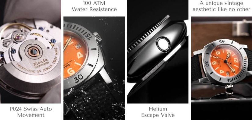 Men's silver Nivada Grenchen watch with leather strap Orange Depthmaster 14127A17 39MM Automatic