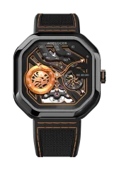 Černé pánské hodinky Agelocer s gumovým páskem Volcano Series Black / Orange 44.5MM Automatic