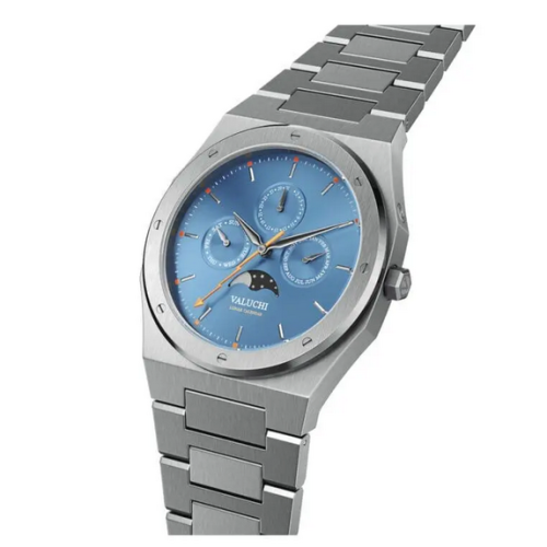 Miesten hopeinen Valuchi Watches -kello teräshihnalla Lunar Calendar - Silver Blue Moonphase 40MM
