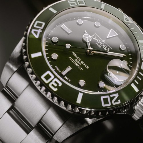 Męski srebrny zegarek Davosa ze stalowym paskiem Ternos Ceramic - Silver/Green 40MM Automatic