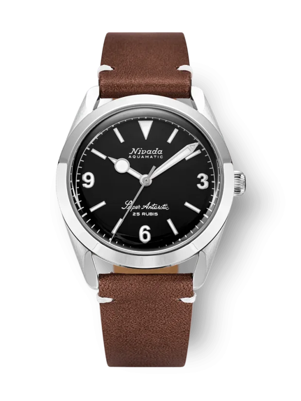 Stříbrné pánské hodinky Nivada Grenchen s koženým páskem Super Antarctic 3.6.9 Black No Vintage Effect 32039A14 38MM Automatic