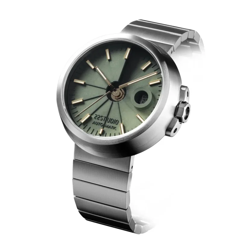 Strieborné pánske hodinky 22Designstudio Watches s ocelovým opaskom Concrete Sport Olive Green 45MM Automati