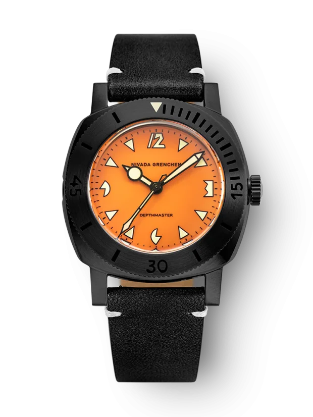 Men's black Nivada Grenchen watch with leather strap Depthmaster Black Pumpkin 14131A15 39MM Automatic