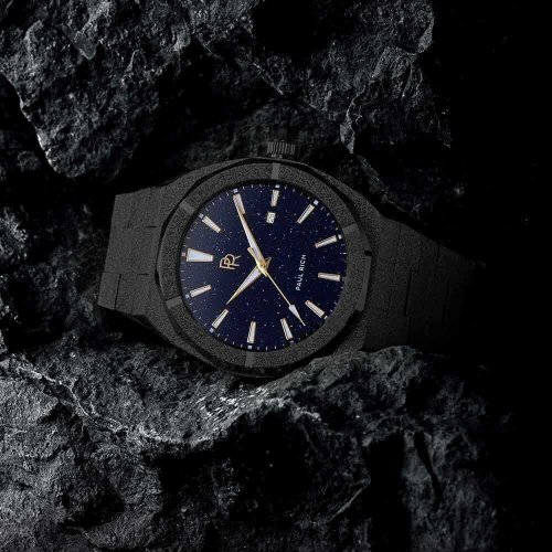 Černé pánské hodinky Paul Rich s ocelovým páskem Star Dust Frosted - Black Automatic 45MM