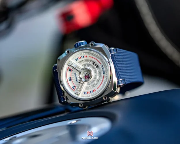 Srebrny zegarek męski Nsquare ze gumowym paskiem NSQUARE NICK II Silver / Blue 45MM Automatic